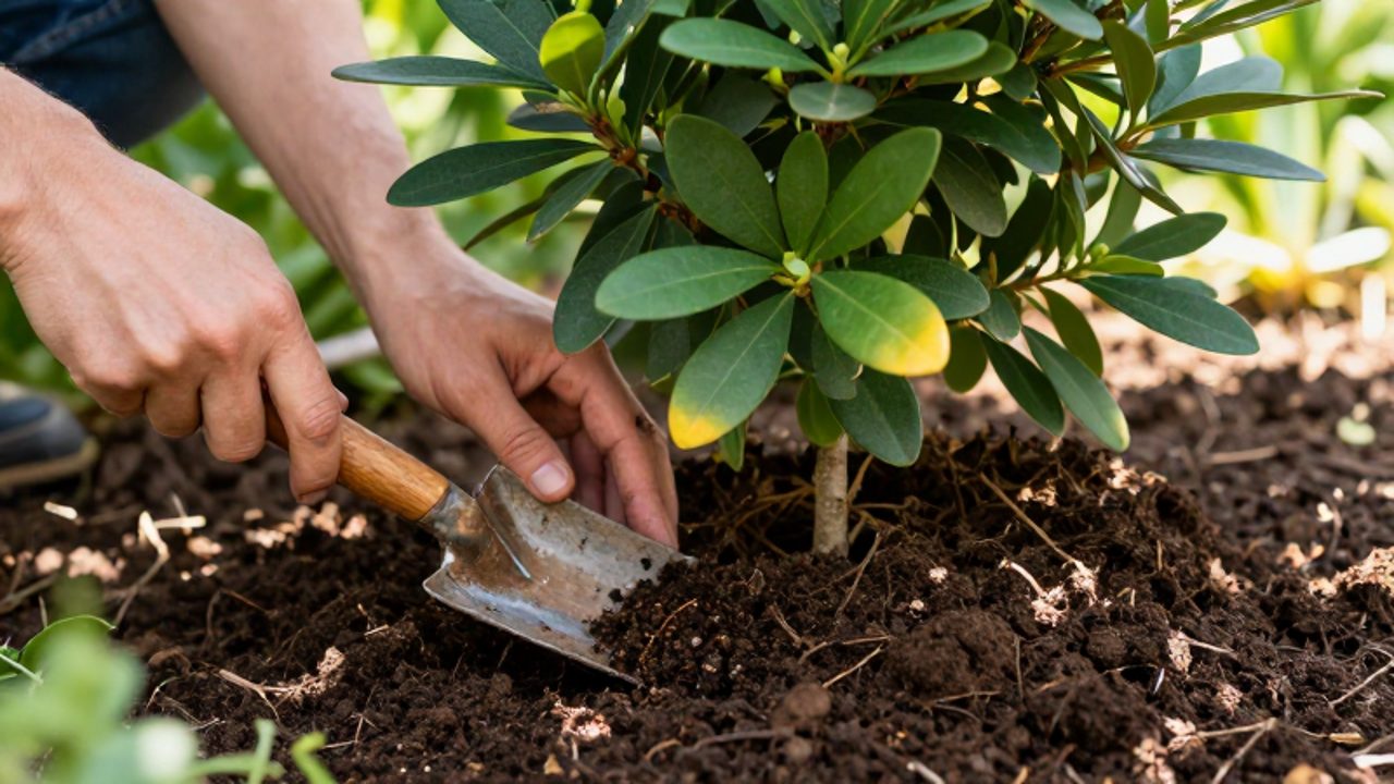 Unas manos añaden compost orgánico al suelo alrededor de un arbusto de Skimmia japonica para mejorar su nutrición.