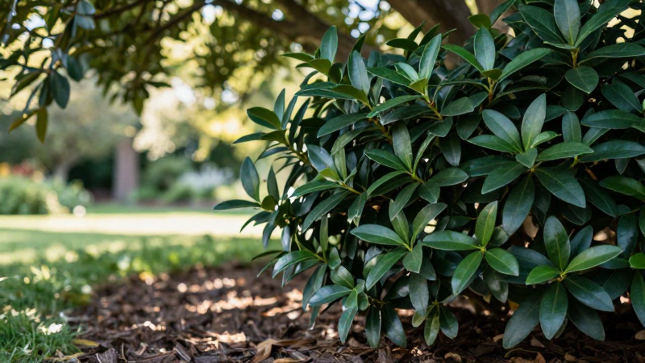 Skimmia japonica con hojas verdes y brillantes bajo la luz filtrada de la sombra en un jardín.