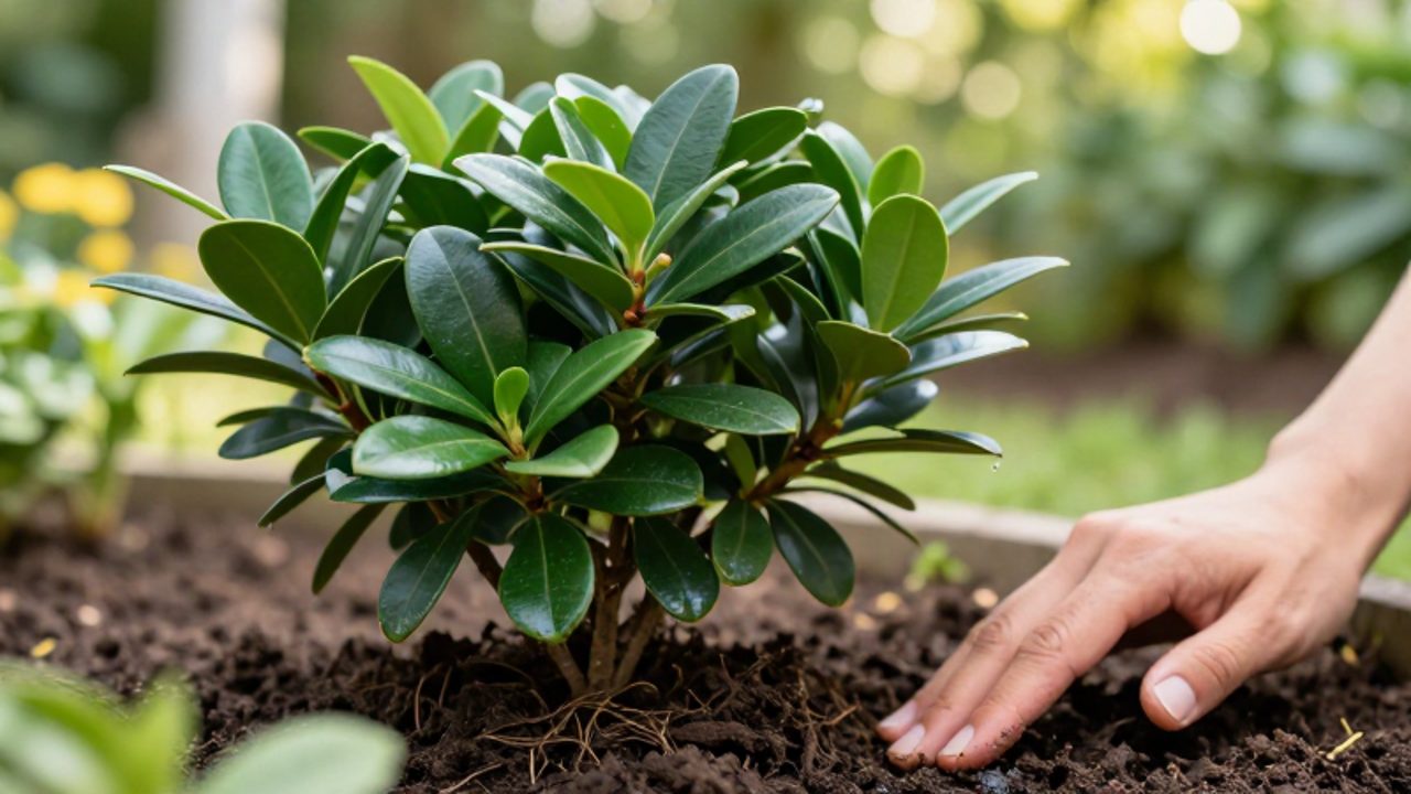 Primer plano de las hojas verdes y brillantes de un arbusto Skimmia japonica mientras una persona comprueba la humedad de la tierra en el jardín.