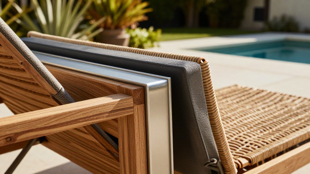 Muestras de diferentes texturas para tumbonas que incluyen madera de teca, aluminio mate y ratán sintético sobre un fondo de jardín.