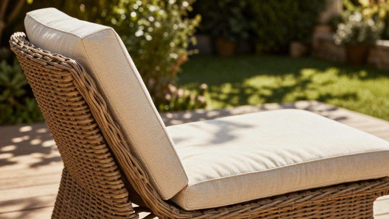 Primer plano del diseño ergonómico de una tumbona de ratán sintético con cojines cremas, destacando la curvatura del respaldo para el soporte lumbar en una terraza soleada.