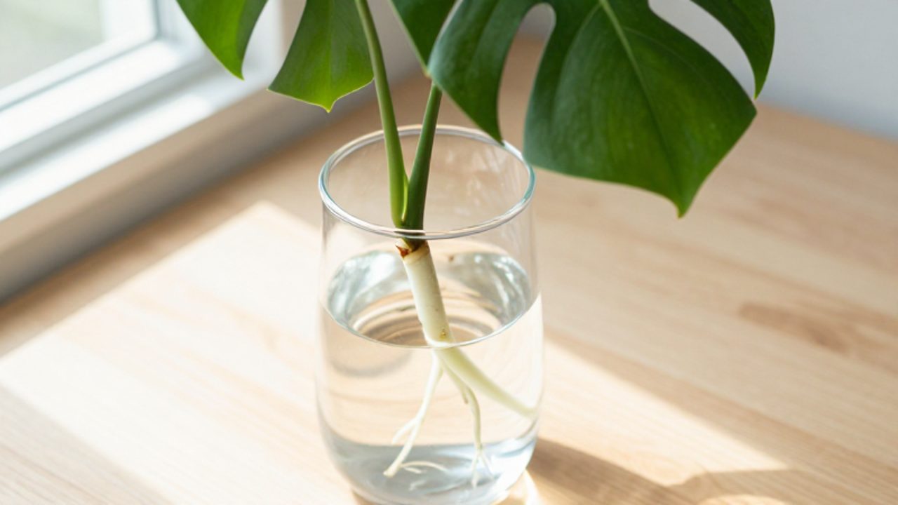 Esqueje de Monstera deliciosa con raíces blancas nuevas creciendo dentro de un recipiente de vidrio con agua.