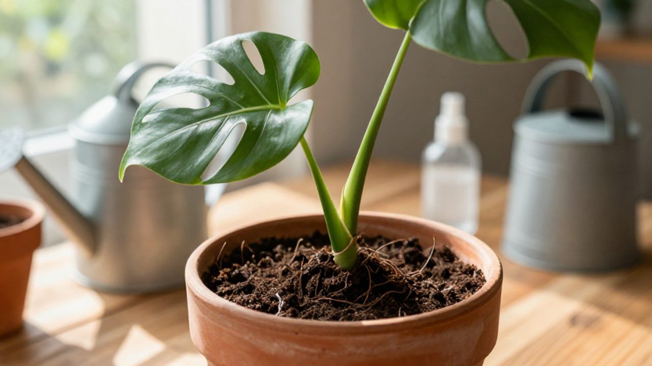Un esqueje de Monstera deliciosa con una hoja perforada se coloca en una maceta de terracota con tierra orgánica sobre una mesa de madera.