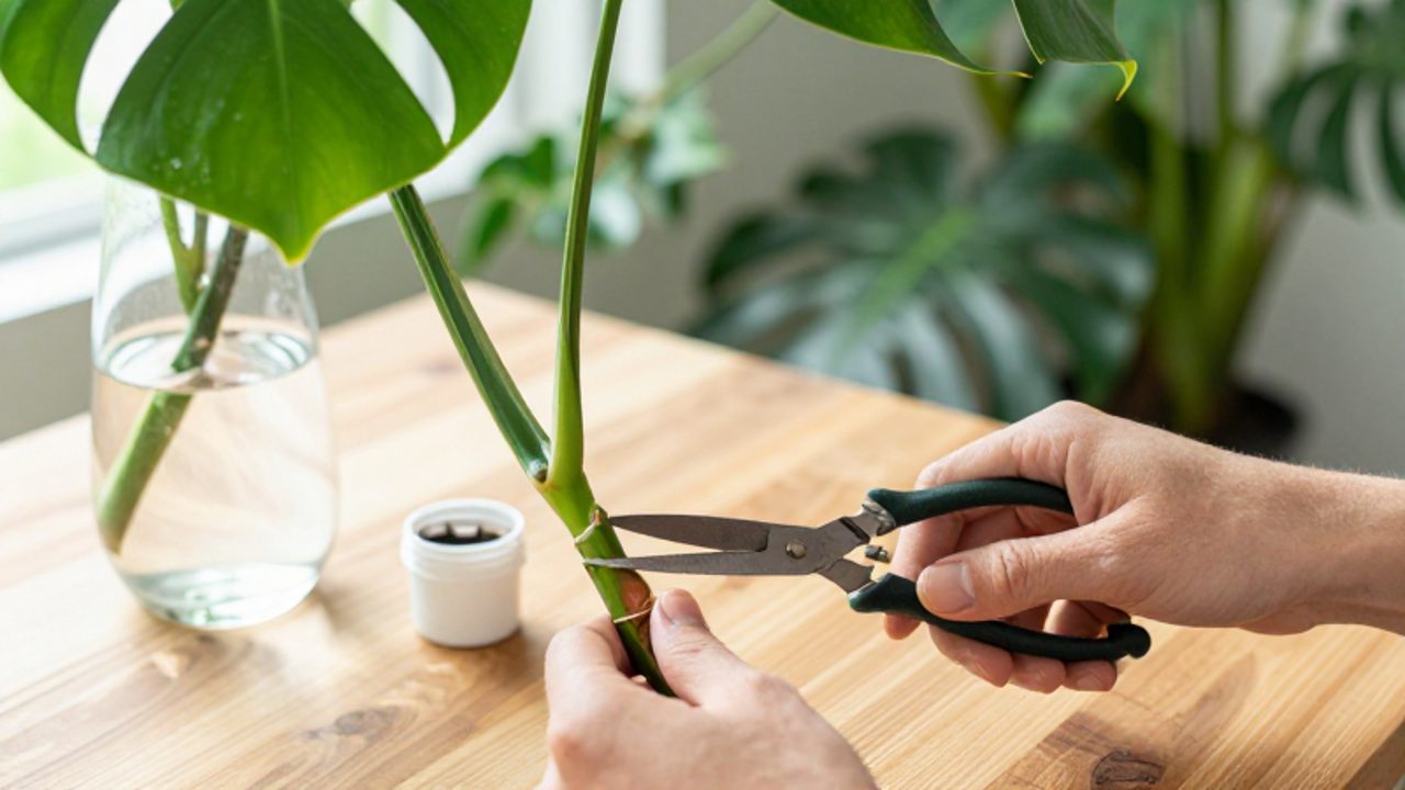 Unas manos realizan un corte diagonal con tijeras de podar en el tallo de una Monstera deliciosa sobre una mesa de madera.