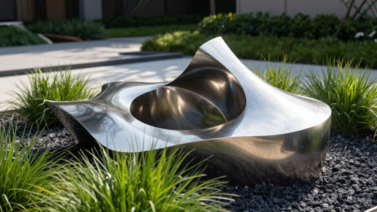 Escultura abstracta de acero inoxidable pulido con curvas geométricas situada en un jardín contemporáneo rodeado de gramíneas y piedras volcánicas.