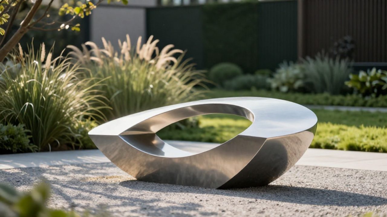 Escultura abstracta de acero inoxidable con curvas geométricas ubicada en un jardín de diseño moderno con vegetación de fondo.