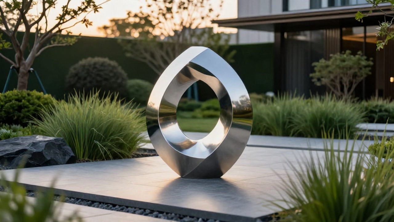 Escultura geométrica de acero inoxidable con líneas curvas situada en un jardín contemporáneo rodeada de gramíneas ornamentales y piedras oscuras.