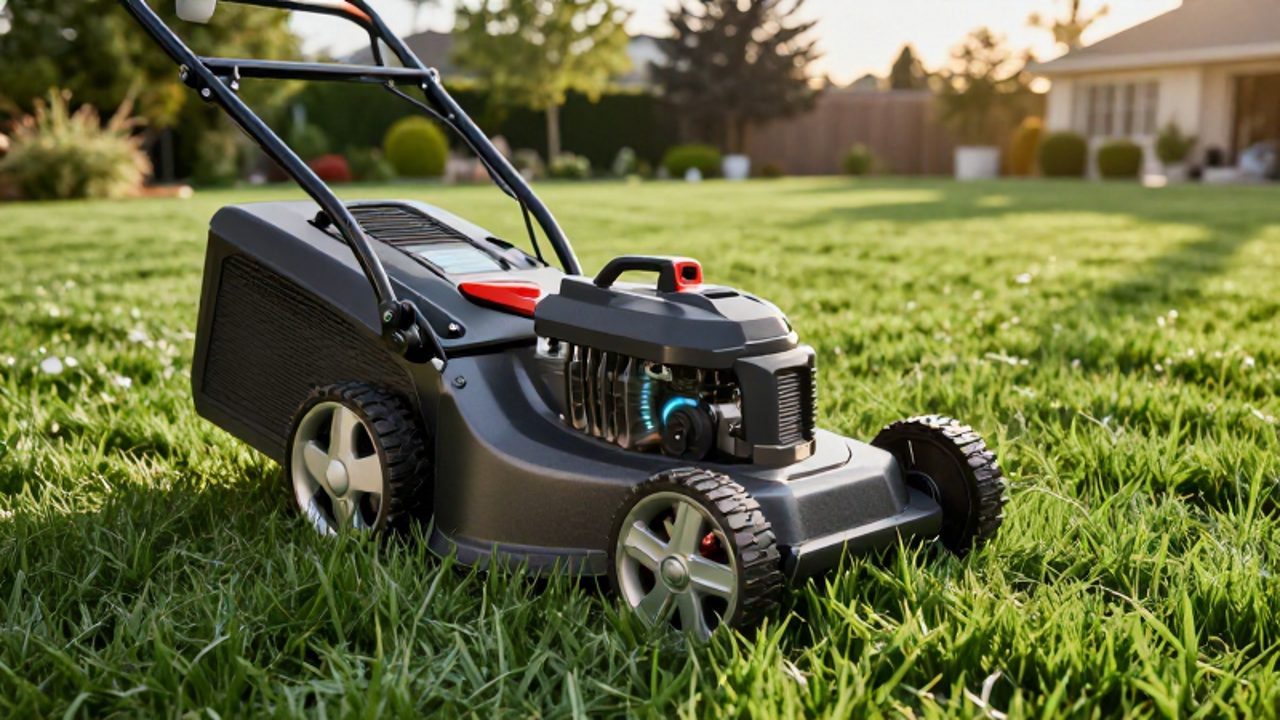 Primer plano de un cortacésped eléctrico profesional avanzando sobre césped denso en un jardín de grandes dimensiones.