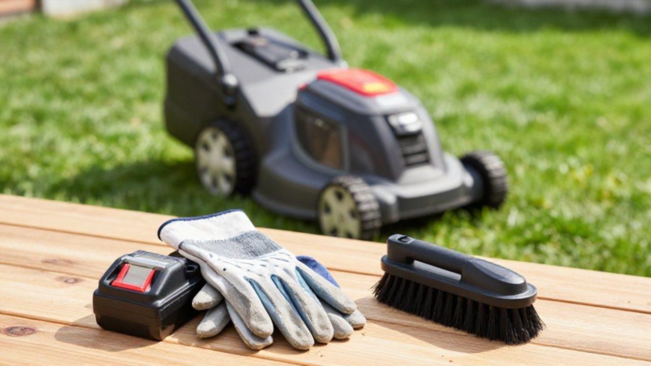 Guantes de jardinería, una batería y un cepillo de limpieza sobre un banco de madera junto a un cortacésped eléctrico en un jardín.