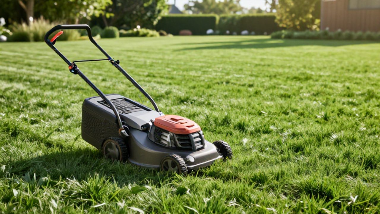 Cortacésped eléctrico moderno segando un césped verde y extenso en un jardín amplio durante una mañana soleada.