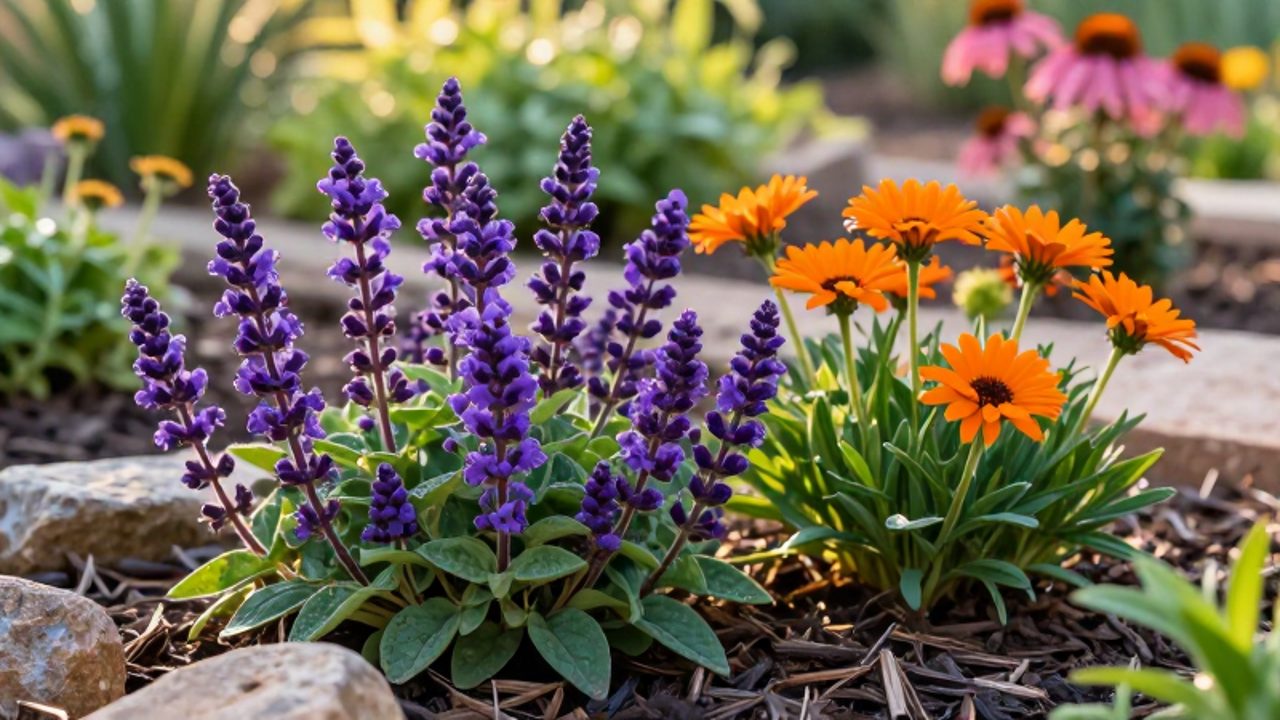 Grupo de flores perennes de colores vibrantes como salvia morada, gazania naranja y equinácea rosa creciendo en un jardín sostenible bajo la luz del sol.