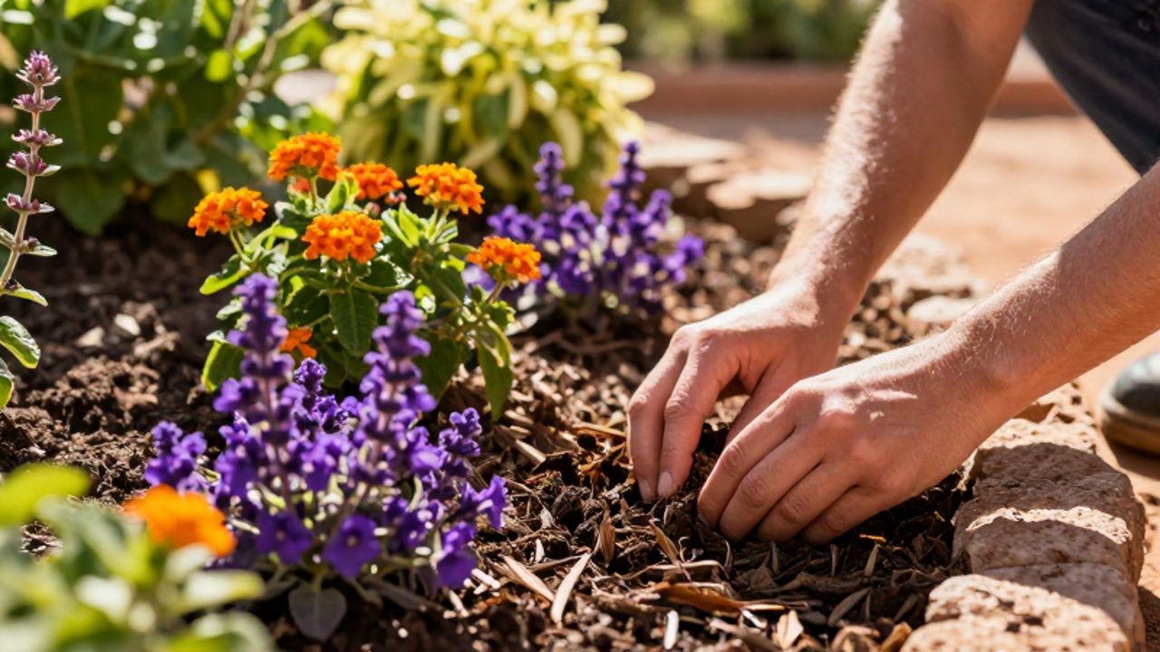 Manos de un jardinero aplicando mantillo orgánico en la base de flores de salvia morada y lantana naranja en un jardín soleado.