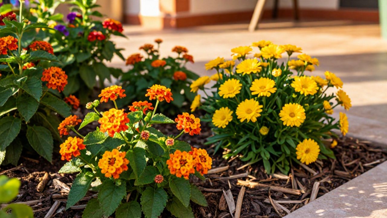 Primer plano de flores coloridas, como lantanas y gazanias, creciendo en un jardín mediterráneo con mantillo orgánico bajo la luz del sol.