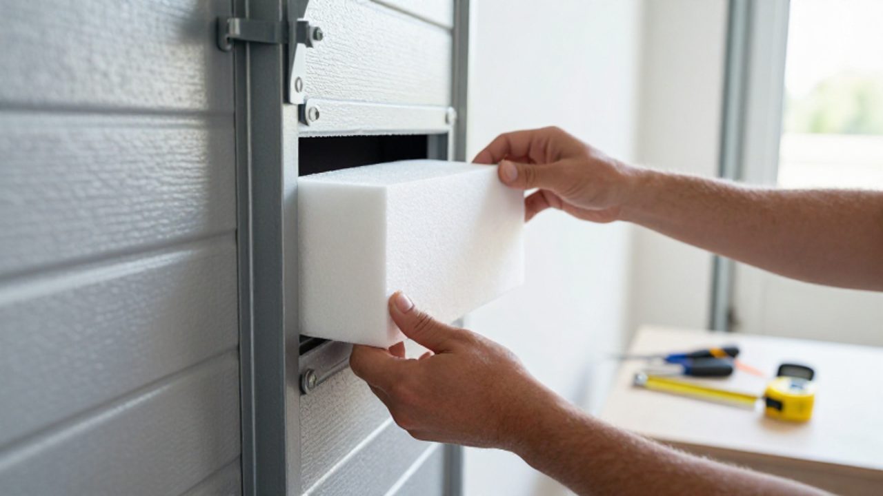 Manos instalando un panel de espuma de poliestireno blanco en el relieve de una puerta de garaje metálica gris.