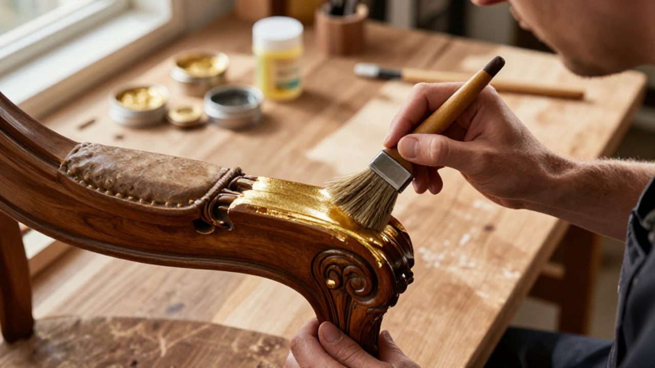 Un artesano aplica cuidadosamente una hoja de imitación dorada sobre el relieve tallado de la pata de una silla antigua con un pincel fino.