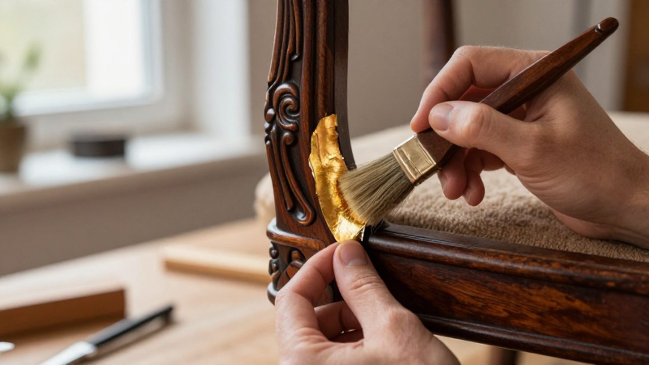 Manos de un artesano aplicando cuidadosamente una lámina de pan de oro sobre la pata tallada de una silla antigua de madera oscura.