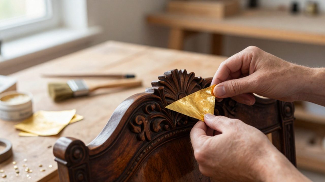 Manos de un restaurador aplicando cuidadosamente una lámina de pan de oro sobre el relieve tallado de una silla de madera antigua en un taller.