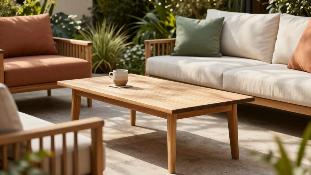 Una mesa de centro de madera situada frente a un sofá de jardín, mostrando la relación de altura entre la superficie de la mesa y el reposabrazos del asiento.