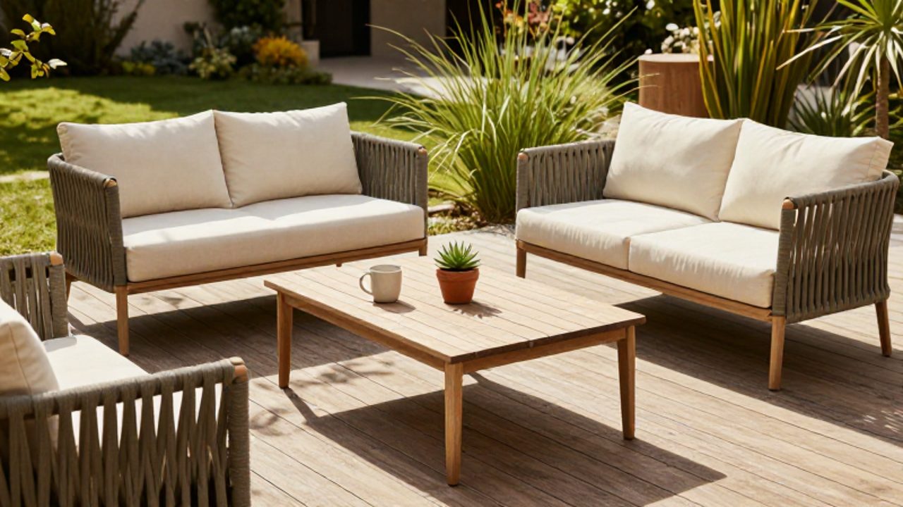 Mesa de centro de madera situada a una altura funcional entre dos sofás de jardín con cojines crema en una terraza soleada.