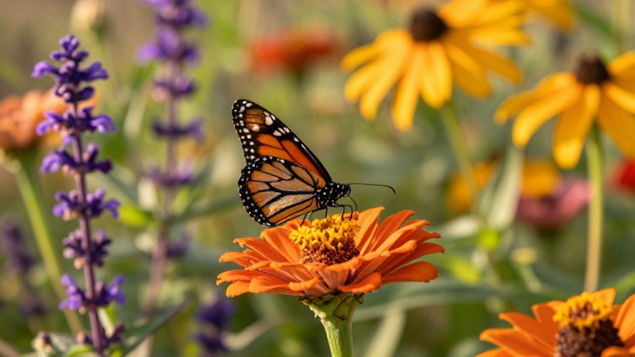 Una mariposa monarca se posa sobre una zinnia naranja en un jardín de verano con flores de salvia y rudbeckia.