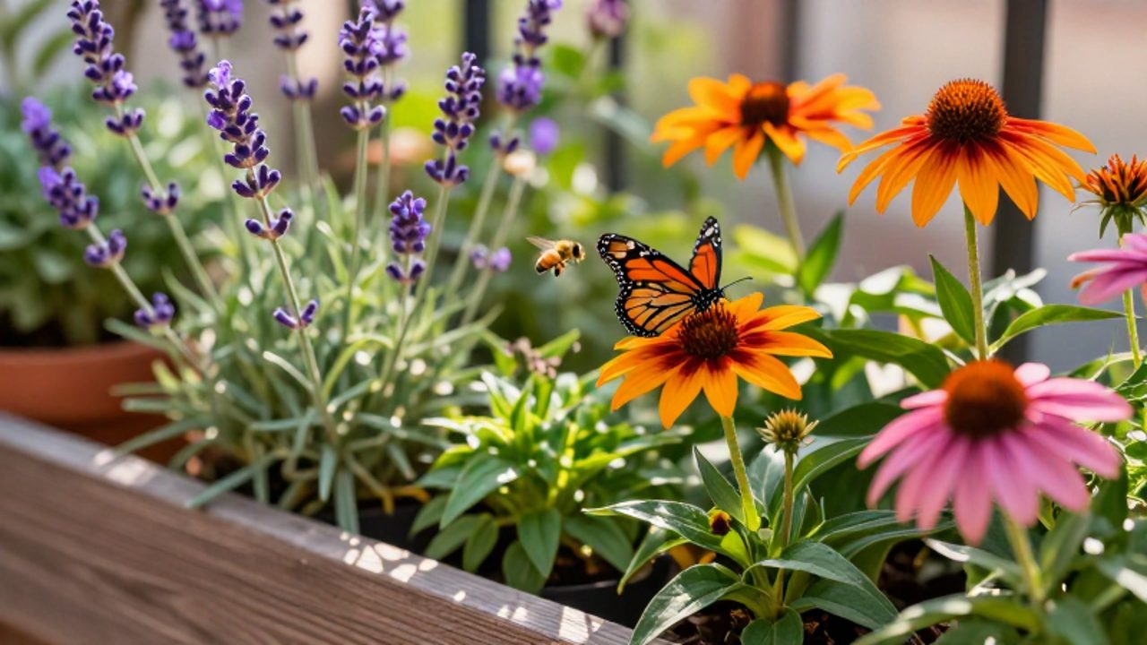 Una mariposa monarca posada sobre una flor de jardín en macetas de terracota y jardineras de madera en un pequeño balcón urbano.