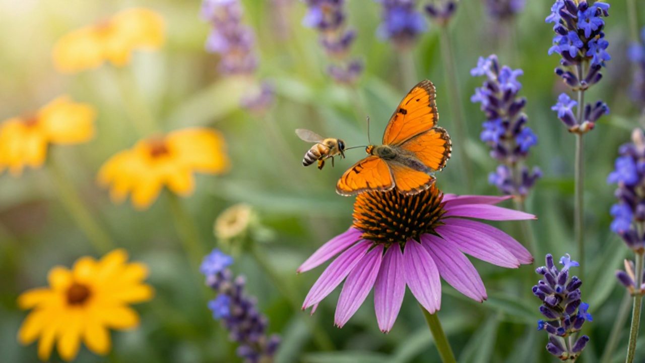 Una mariposa naranja se posa sobre una equinácea morada mientras una abeja vuela cerca de la lavanda en un jardín de verano colorido.