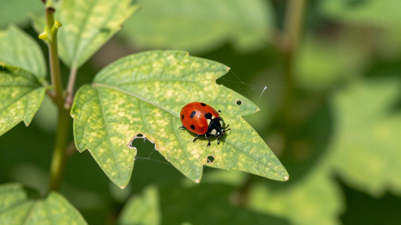 Una mariquita sobre una hoja verde con pequeñas manchas amarillentas y finas telarañas en un entorno de jardín.