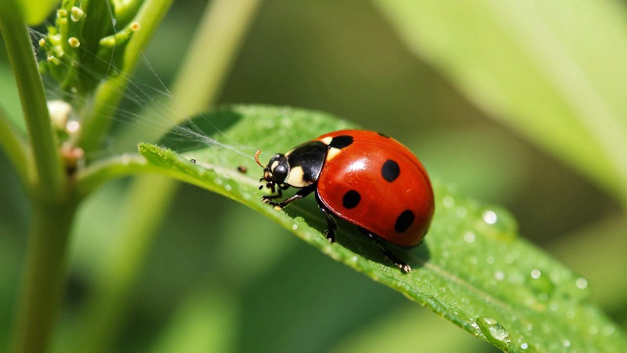 Una mariquita roja con manchas negras recorre el envés de una hoja verde para buscar insectos entre finas telarañas.