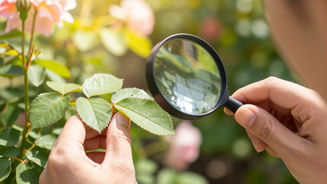 Una persona inspecciona el envés de una hoja de rosal con una lupa para detectar la presencia de plagas en un jardín.