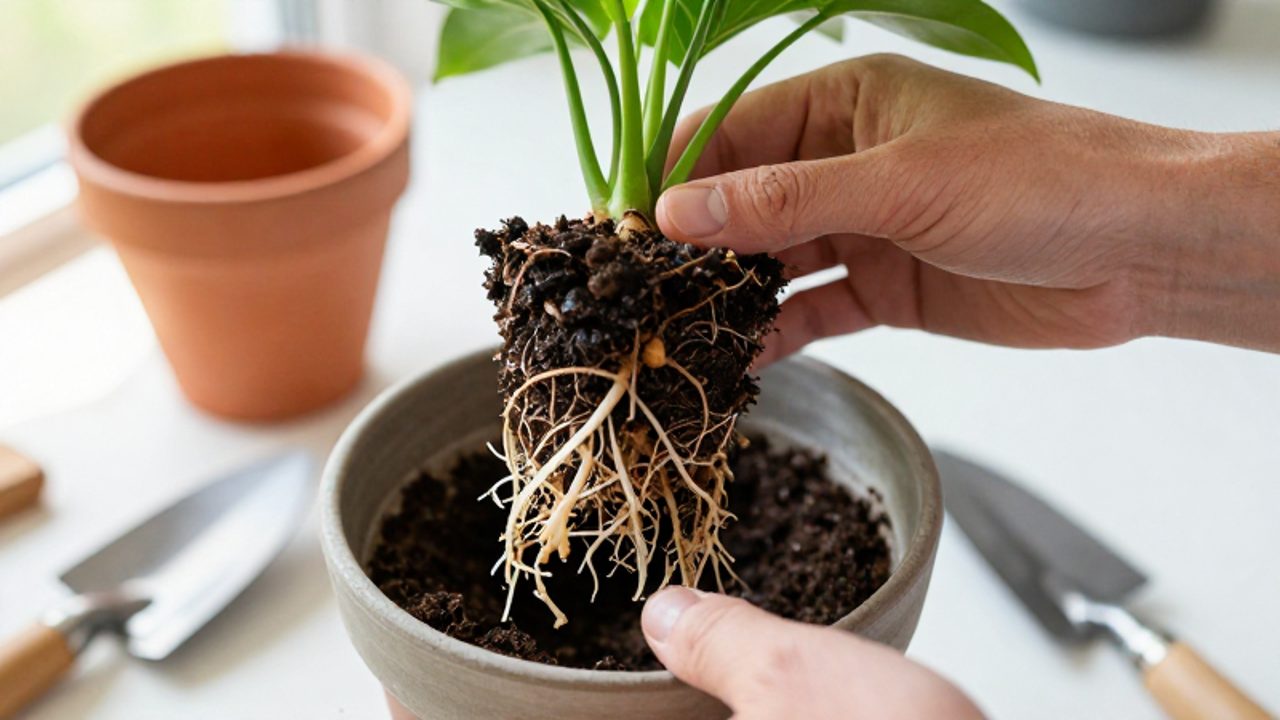 Manos de un jardinero extraen una planta de su maceta para mostrar la diferencia entre raíces blancas y sanas y las secciones oscuras y blandas causadas por la pudrición.