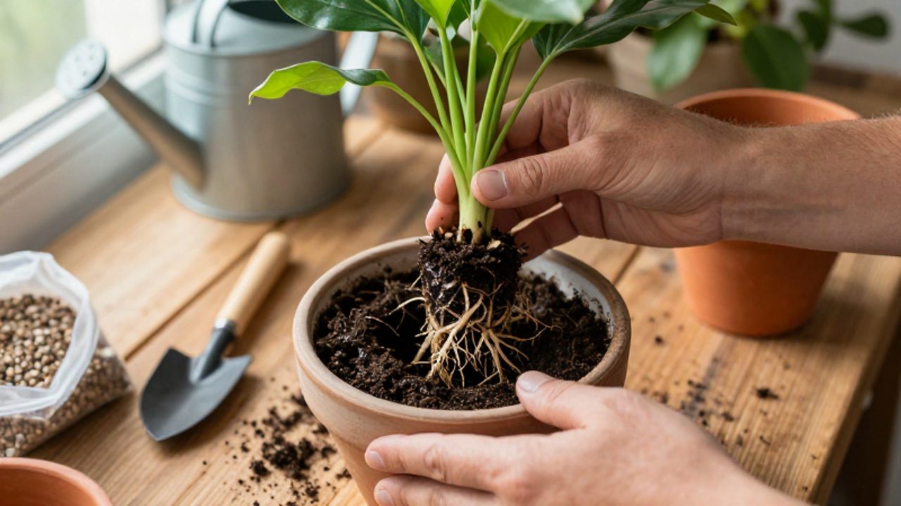 Unas manos extraen una planta de una maceta de barro para mostrar la diferencia entre sus raíces blancas y sanas y una sección oscura y con signos de pudrición en la tierra húmeda.