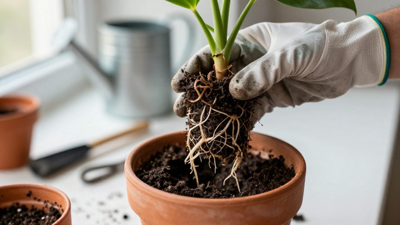 Manos con guantes de jardinería inspeccionan las raíces de una planta en una maceta, mostrando el contraste entre las raíces blancas sanas y las zonas marrones y blandas de la pudrición.
