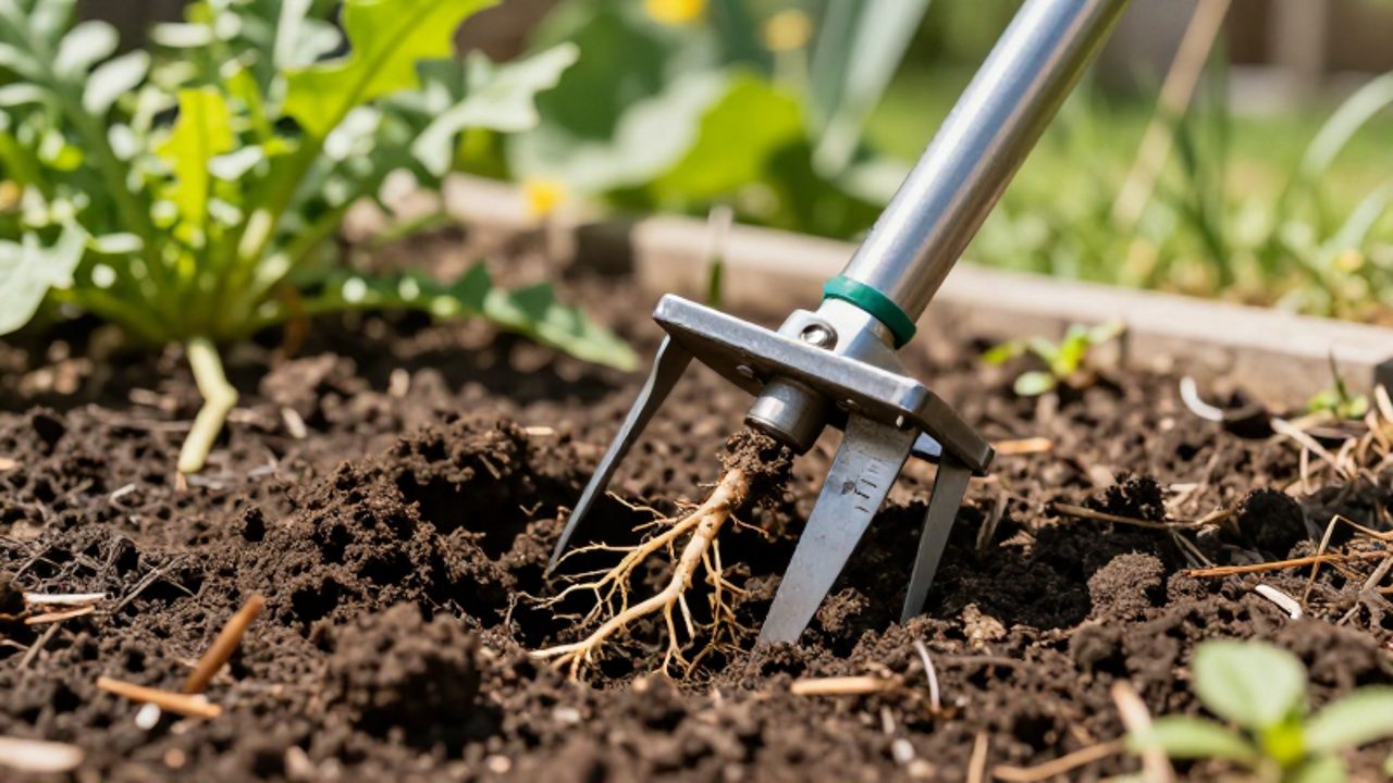 Un extractor de jardín con puntas metálicas extrae un diente de león con su raíz larga de la tierra oscura.