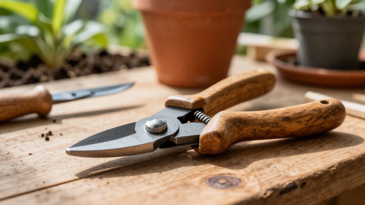 Unas tijeras de podar y un cuchillo de injerto con mangos de madera descansan sobre un banco de trabajo rústico en un taller de jardinería.