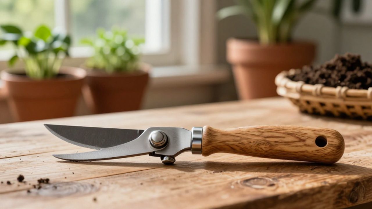 Un cuchillo de poda de acero inoxidable y una herramienta de deshierbe descansan sobre un banco de madera en un cobertizo de jardín.