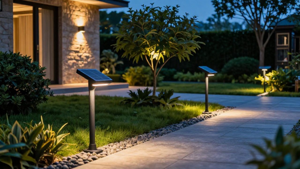 Variedad de luminarias solares modernas, que incluyen estacas de camino, apliques de pared y focos de jardín, iluminando un paisaje residencial durante el anochecer.