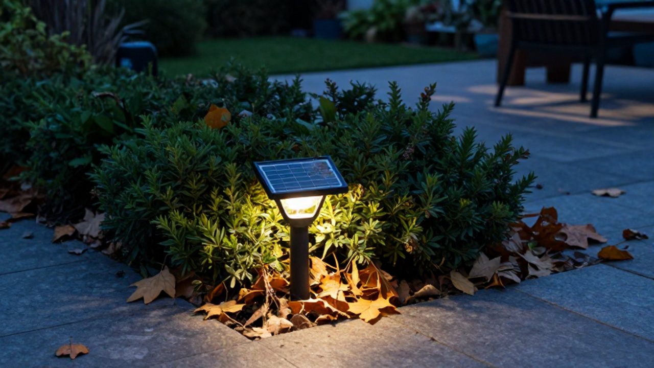Una estaca de luz solar en un sendero de piedra parcialmente cubierta por hojas secas y arbustos, emitiendo una luz tenue y desigual.