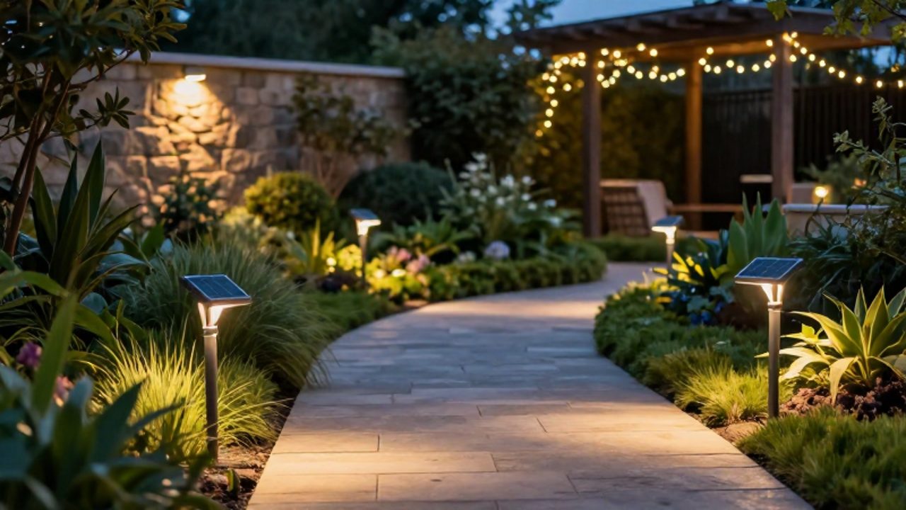Camino de piedra en un jardín iluminado al atardecer por estacas solares, luces de pared en un muro de piedra y guirnaldas luminosas bajo una pérgola.
