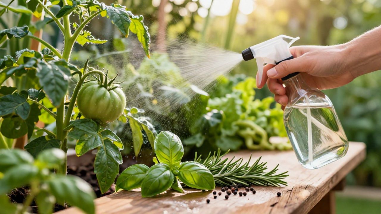 Unas manos rocían con un pulverizador una planta de tomate saludable junto a hierbas aromáticas como albahaca y romero en un huerto.