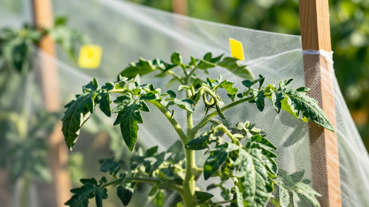 Malla protectora traslúcida cubriendo una planta de tomate para crear una barrera física contra las plagas.
