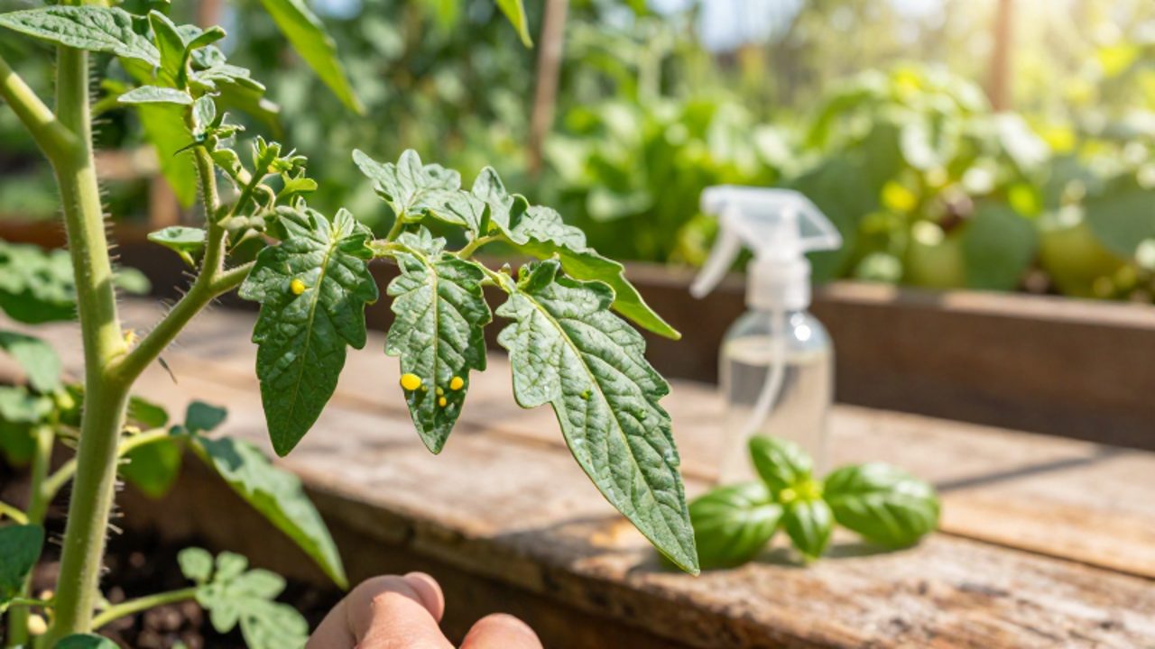 Una mano de jardinero inspecciona el envés de una hoja de tomate donde se observan pequeños huevos amarillos.
