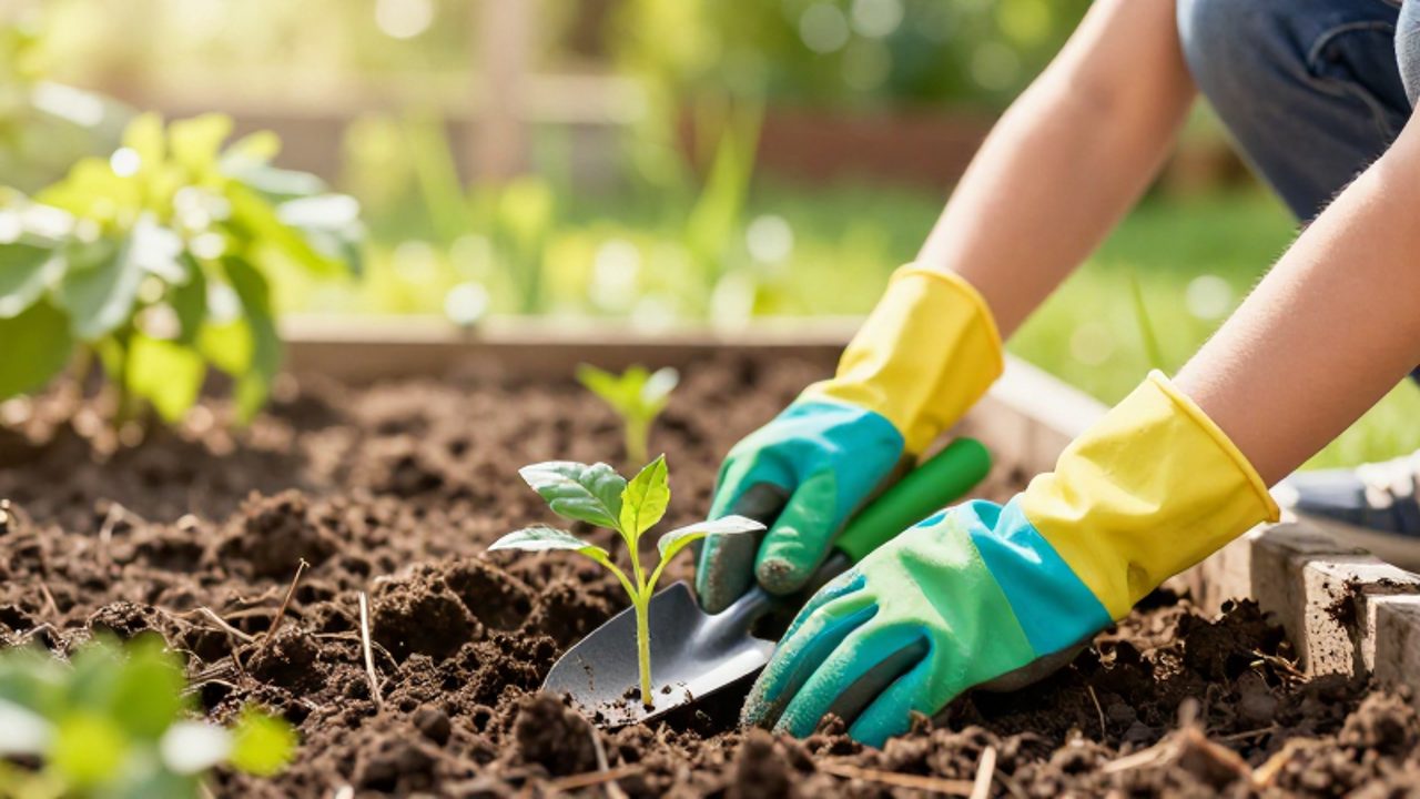 Manos de un niño con guantes de nitrilo de colores brillantes plantando un pequeño brote en un jardín soleado.