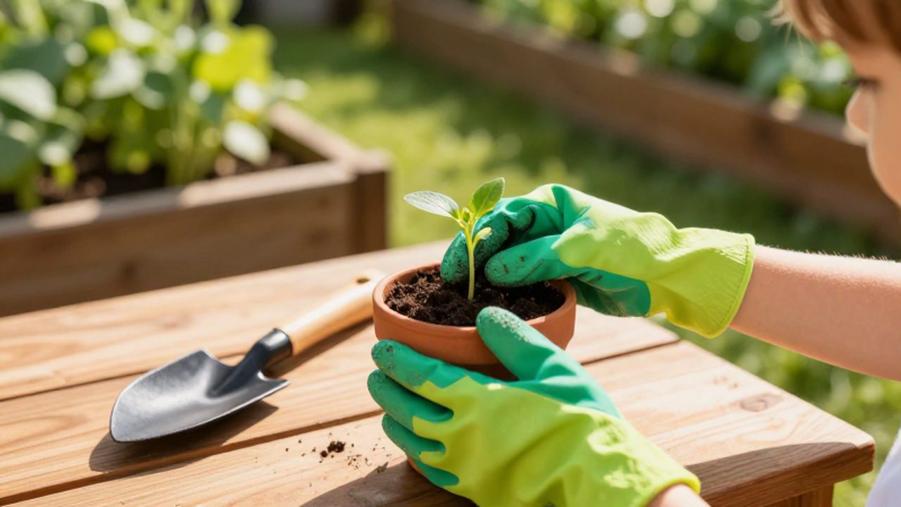 Manos pequeñas de un niño con guantes de nitrilo ajustados plantando un pequeño brote en una maceta de barro.