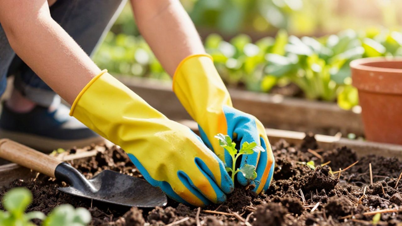 Manos de un niño con guantes de colores acolchados plantando un pequeño brote en la tierra de un huerto.