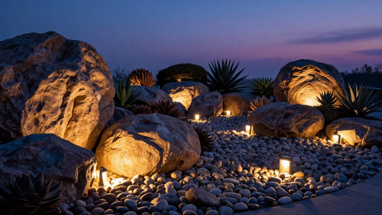 Variedad de luces LED y focos estratégicamente colocados entre rocas y plantas de un jardín al anochecer.