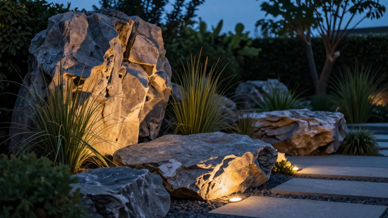 Rocas y plantas ornamentales iluminadas por focos LED cálidos que resaltan la textura del jardín rocoso durante el crepúsculo.