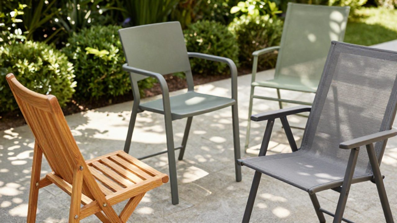 Variedad de sillas plegables de diferentes materiales, como madera de acacia, aluminio gris y malla de poliéster, dispuestas sobre un patio de piedra.