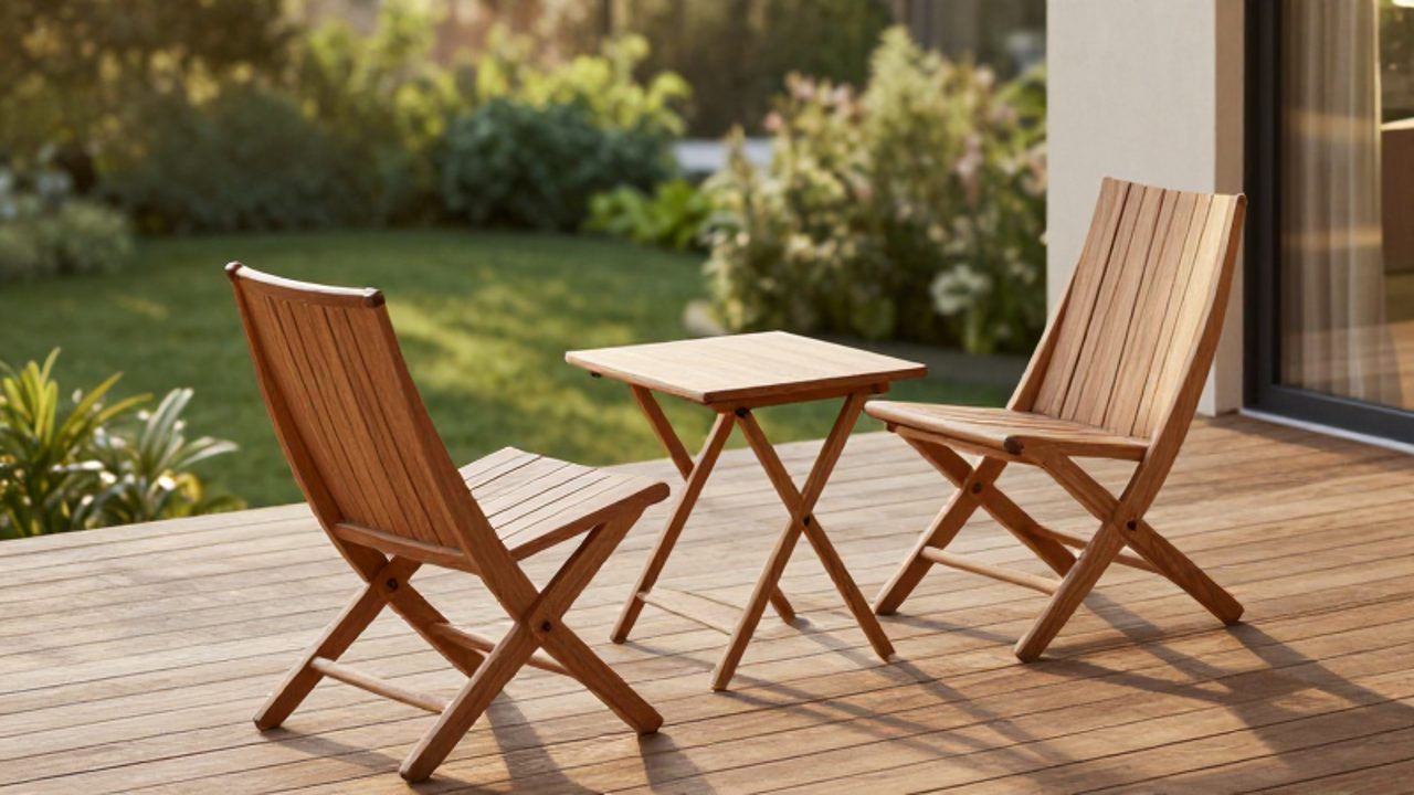 Dos sillas plegables de madera de acacia y una mesa pequeña dispuestas en una terraza soleada con vistas a un jardín.