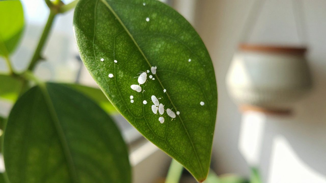 Pequeños insectos de color blanco agrupados en el envés de la hoja de una planta colgante.