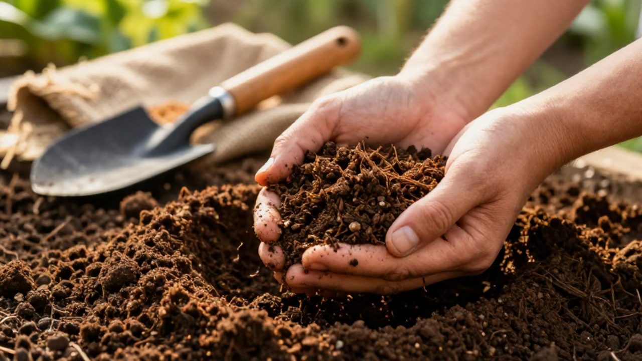Manos de un jardinero mezclando compost y humus orgánico para enriquecer la tierra de un huerto.